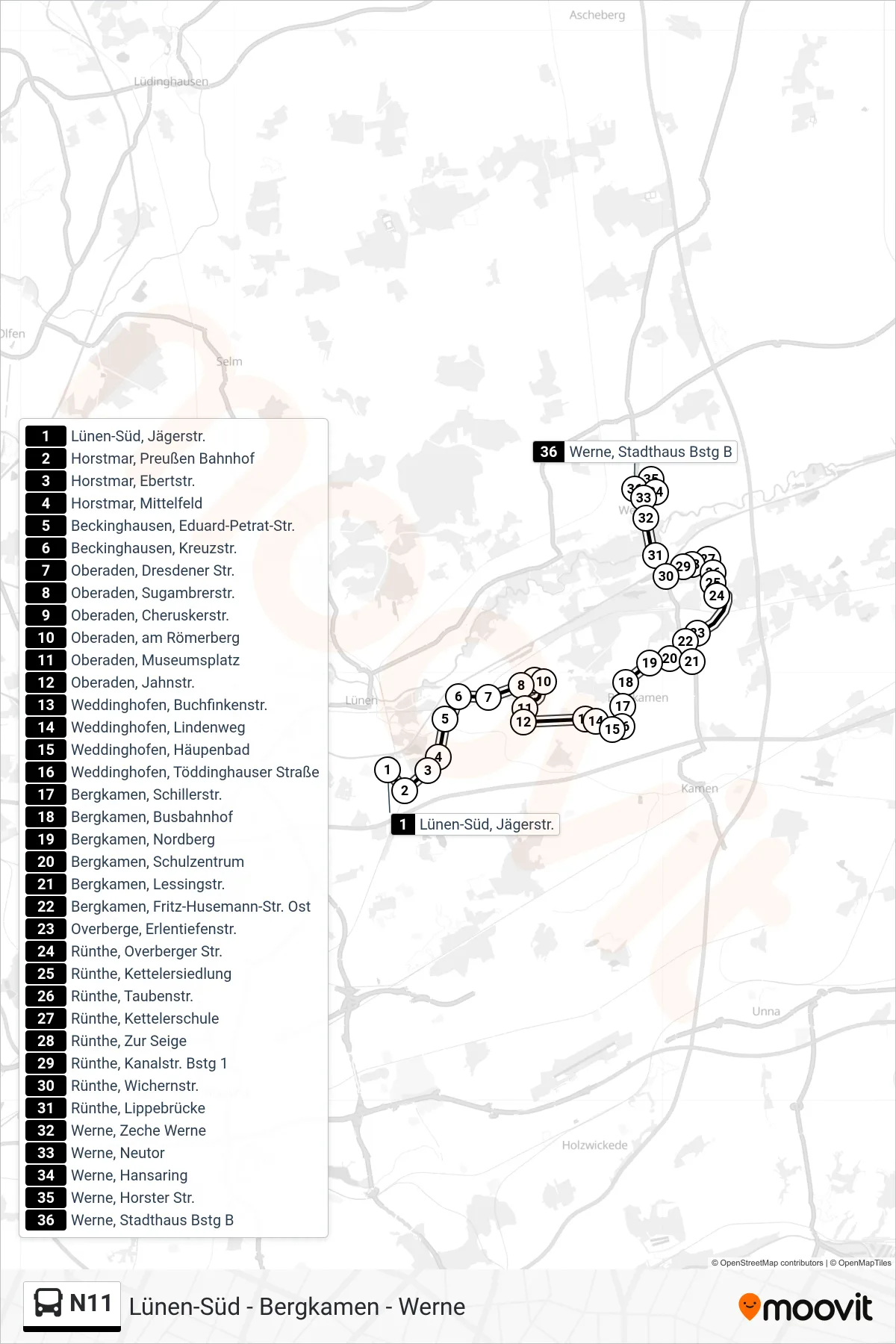 N11 bus Line (Werne, Stadthaus Bstg B) route and stops on a map