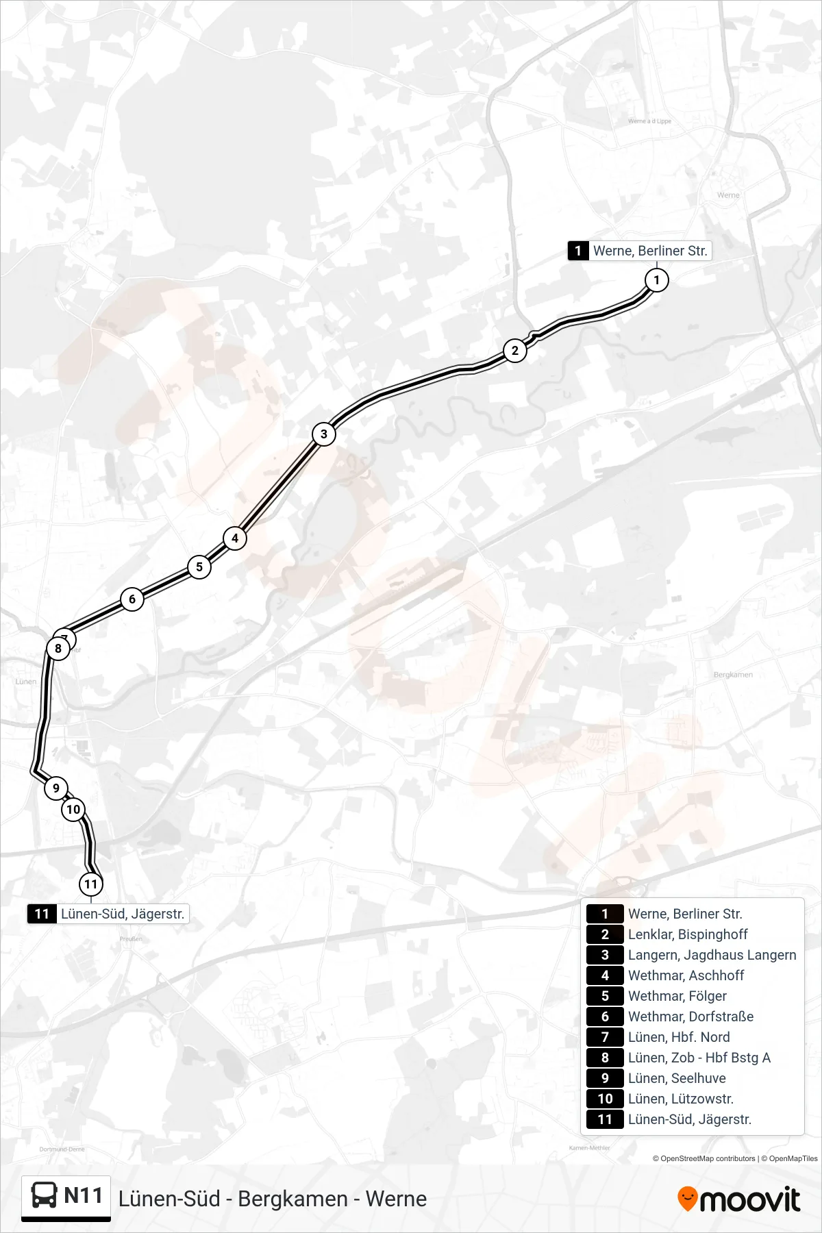 Linie N11 (Bus) Richtung Lünen-Süd, Jägerstr.: Route und Haltestellen auf der Karte