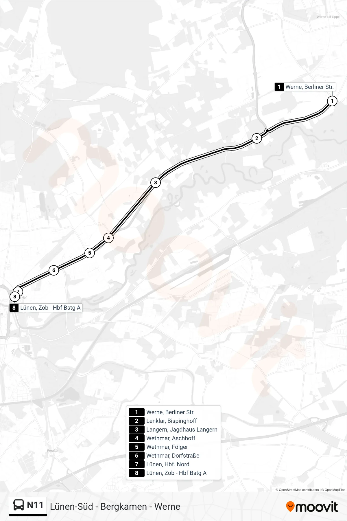 Linie N11 (Bus) Richtung Lünen, Zob - Hbf Bstg A: Route und Haltestellen auf der Karte