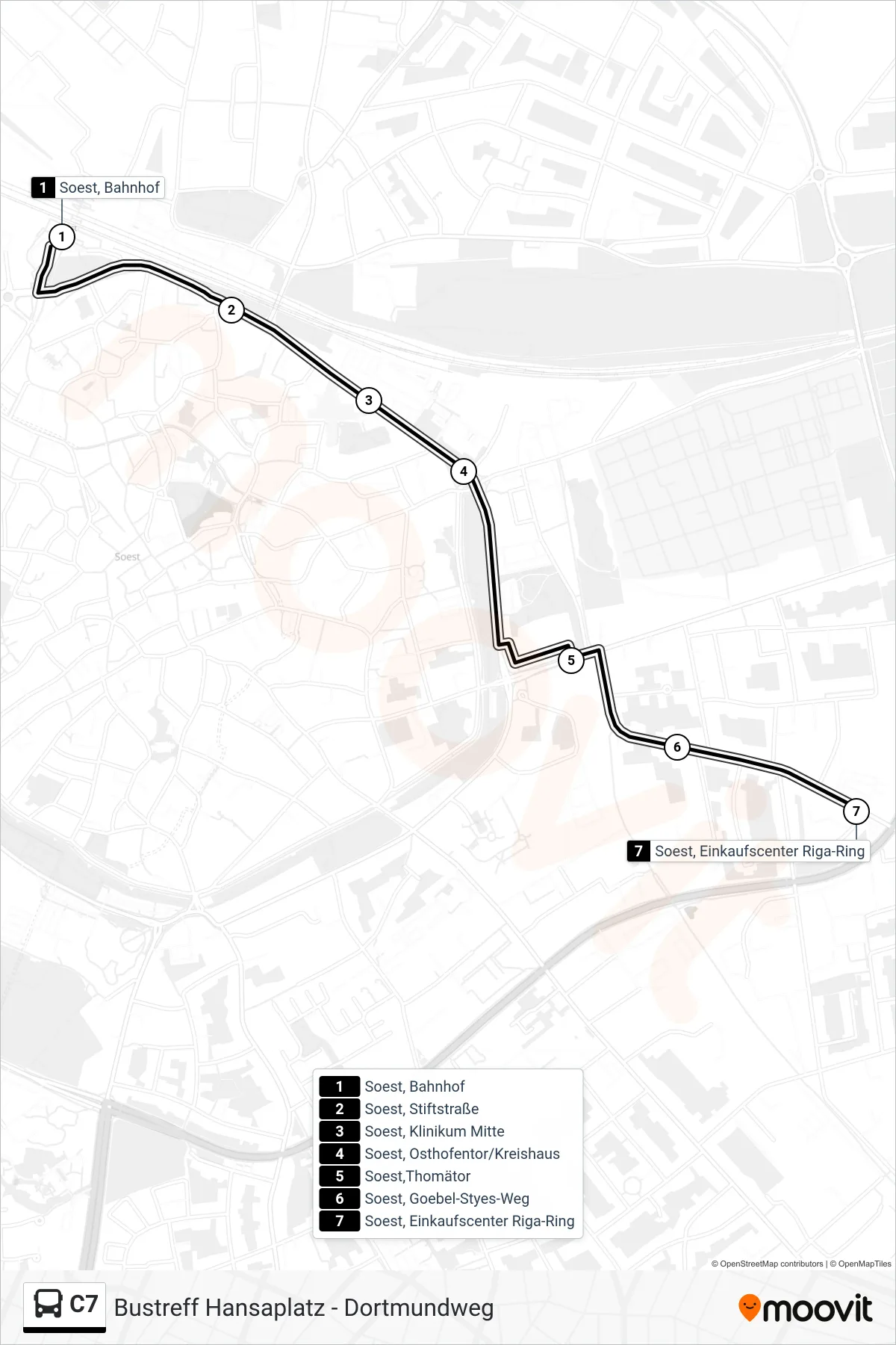 C7 bus Line (Soest, Einkaufscenter Riga-Ring) route and stops on a map