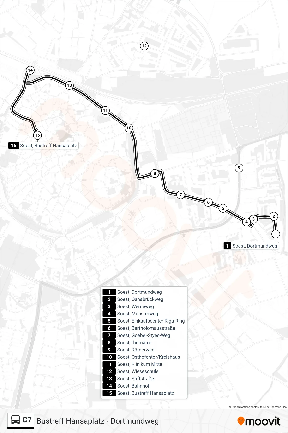 Linie C7 (Bus) Richtung Soest, Bustreff Hansaplatz D: Route und Haltestellen auf der Karte