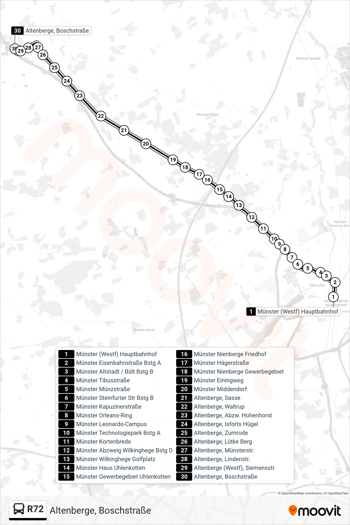 R72 bus Line (Altenberge, Boschstraße) route and stops on a map