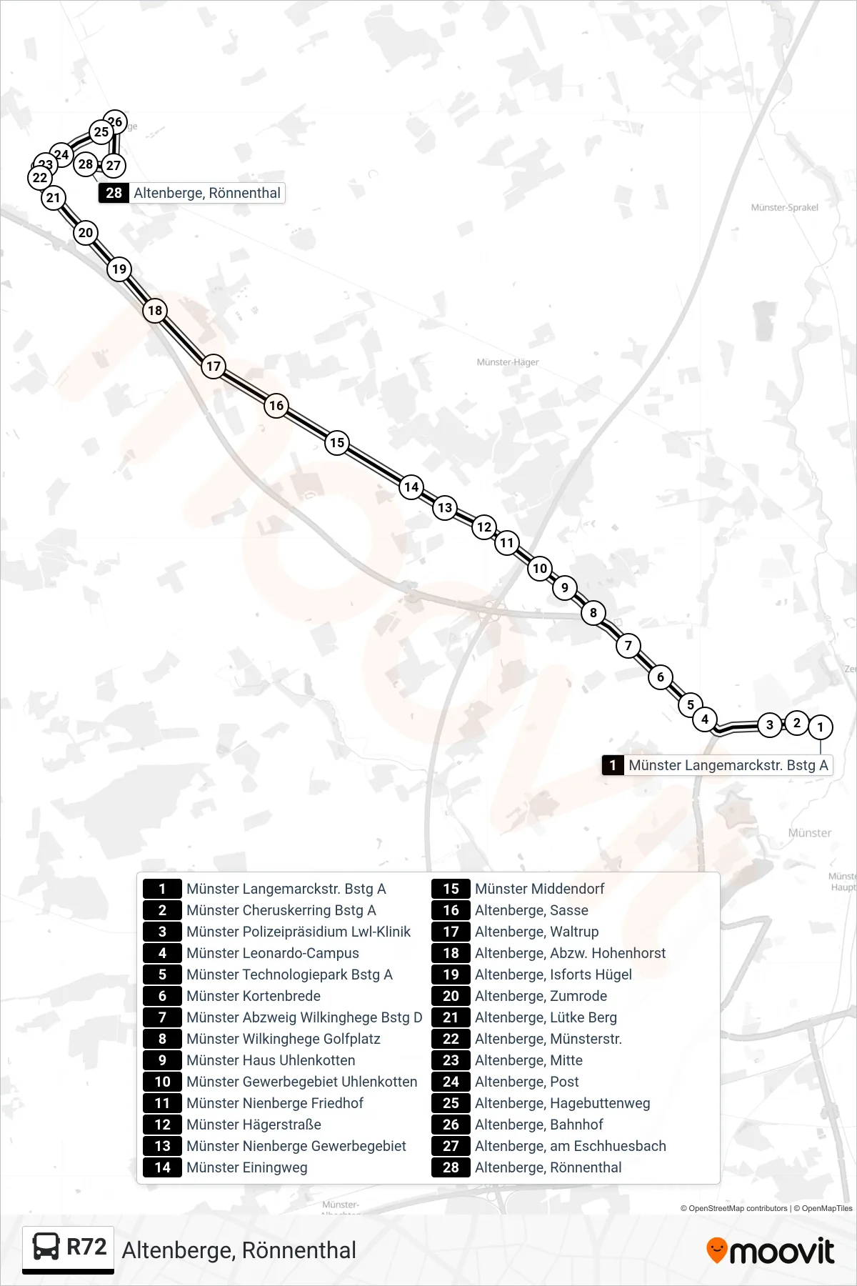 R72 bus Line (Altenberge, Rönnenthal) route and stops on a map