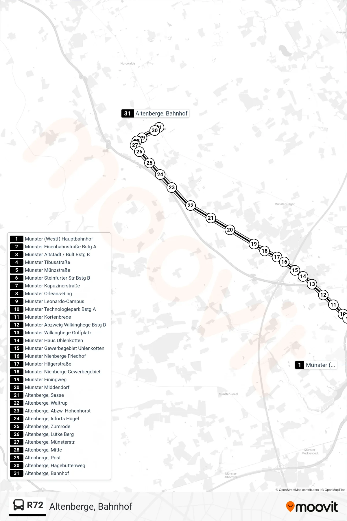 R72 bus Line (Altenberge, Bahnhof) route and stops on a map