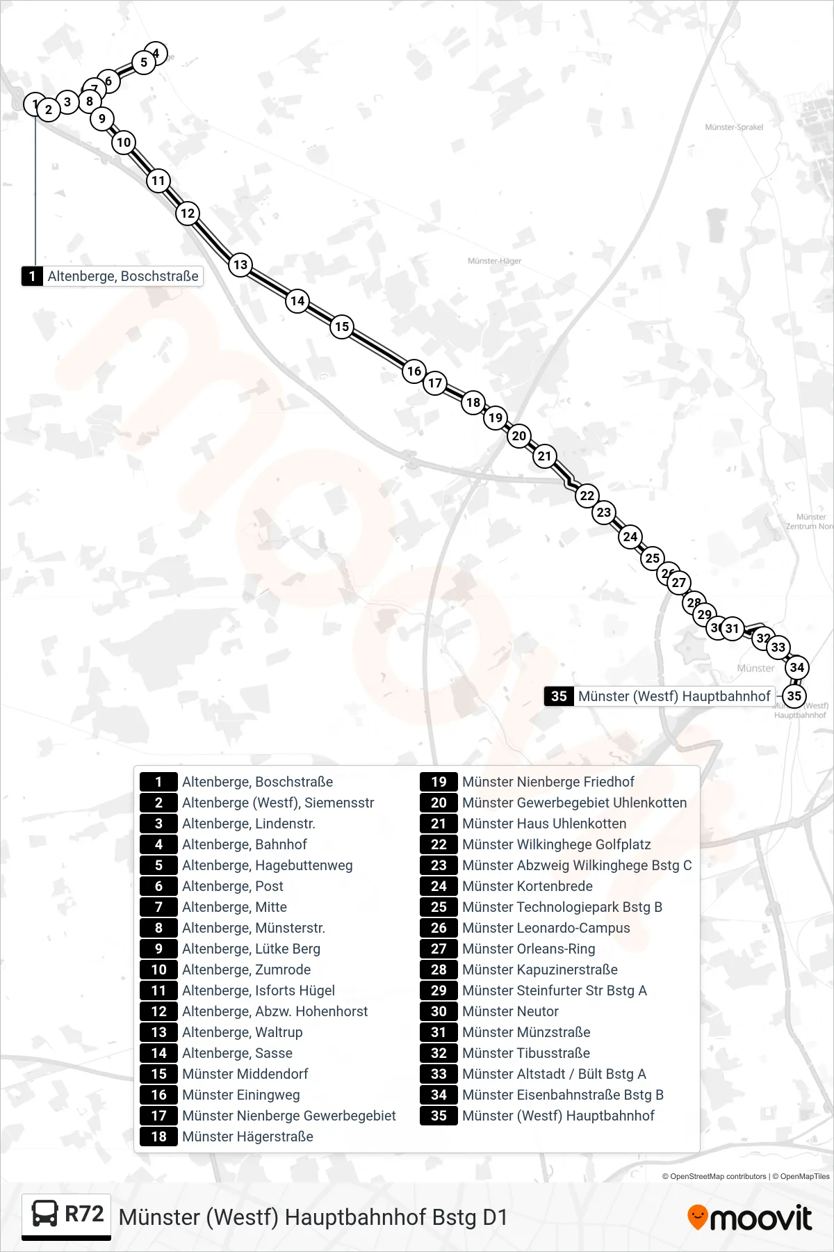 R72 bus Line (Münster (Westf) Hauptbahnhof Bstg D1) route and stops on a map