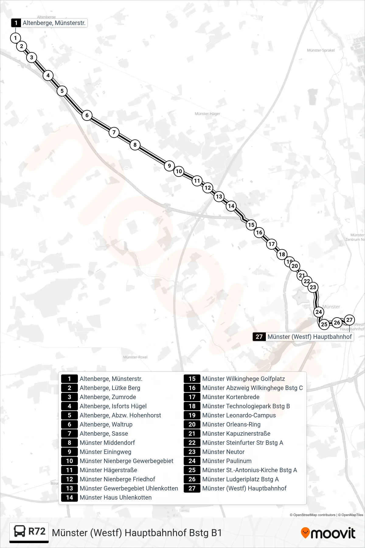 R72 bus Line (Münster (Westf) Hauptbahnhof Bstg B1) route and stops on a map