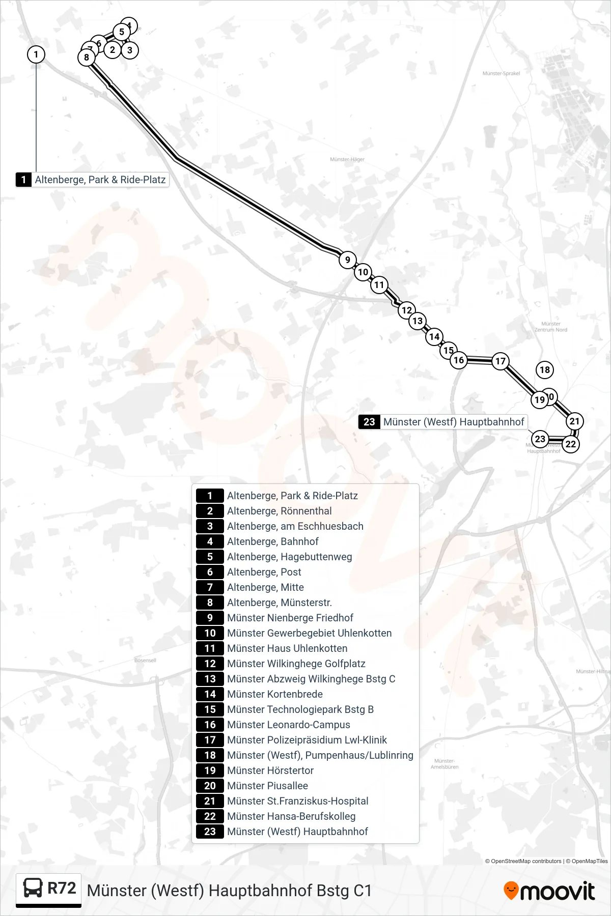 R72 bus Line (Münster (Westf) Hauptbahnhof Bstg C1) route and stops on a map