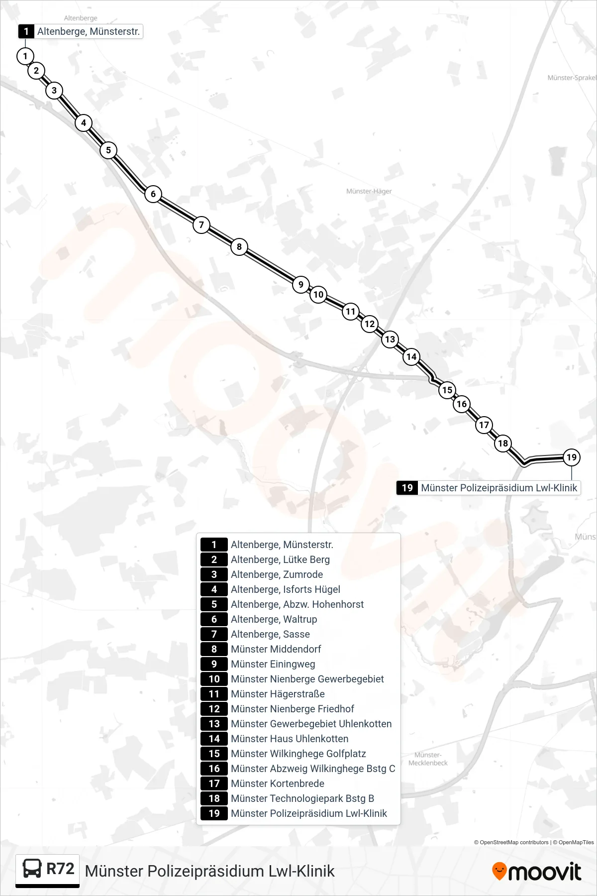 R72 bus Line (Münster Polizeipräsidium Lwl-Klinik) route and stops on a map
