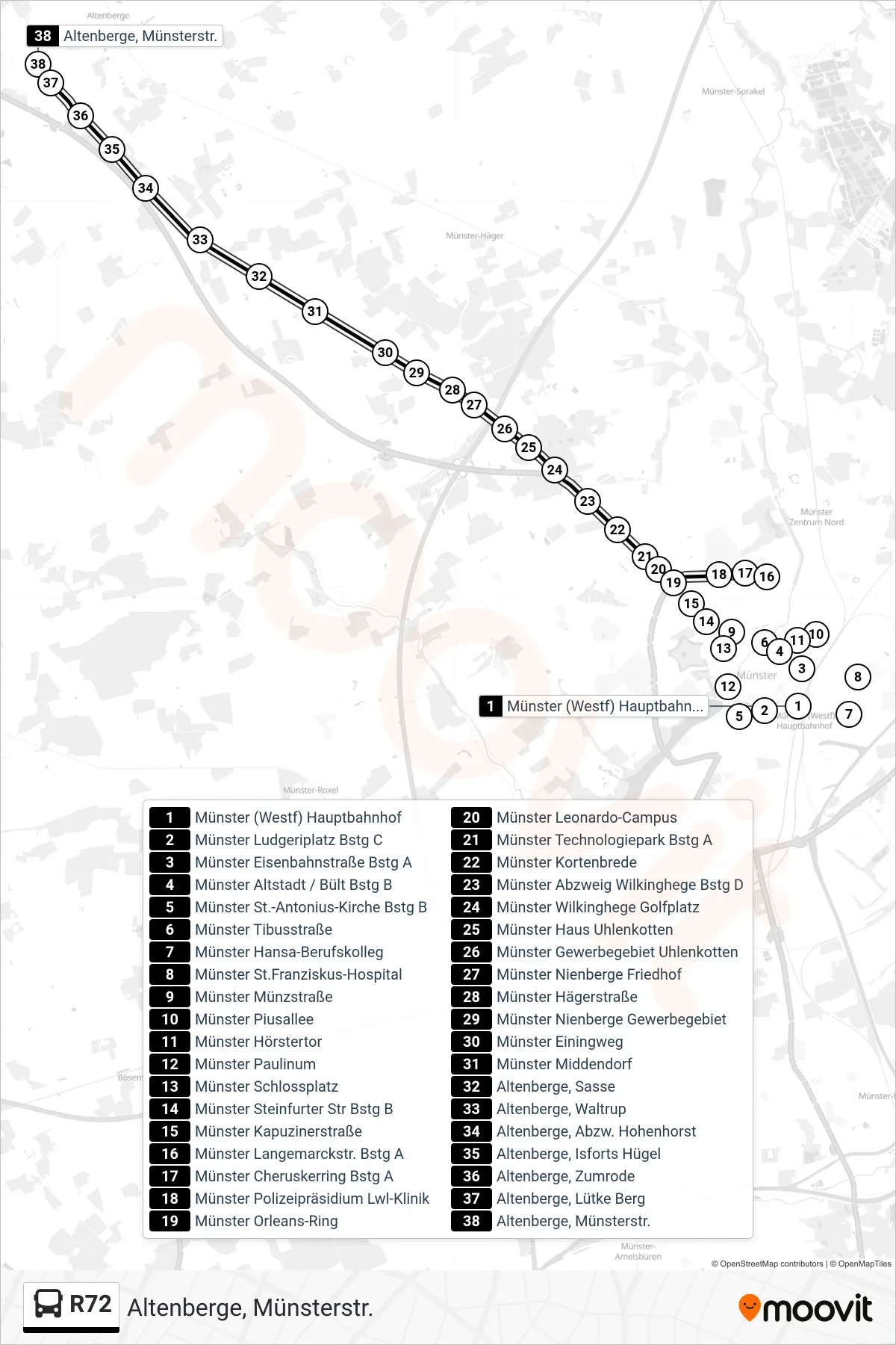 R72 bus Line (Altenberge, Münsterstr.) route and stops on a map