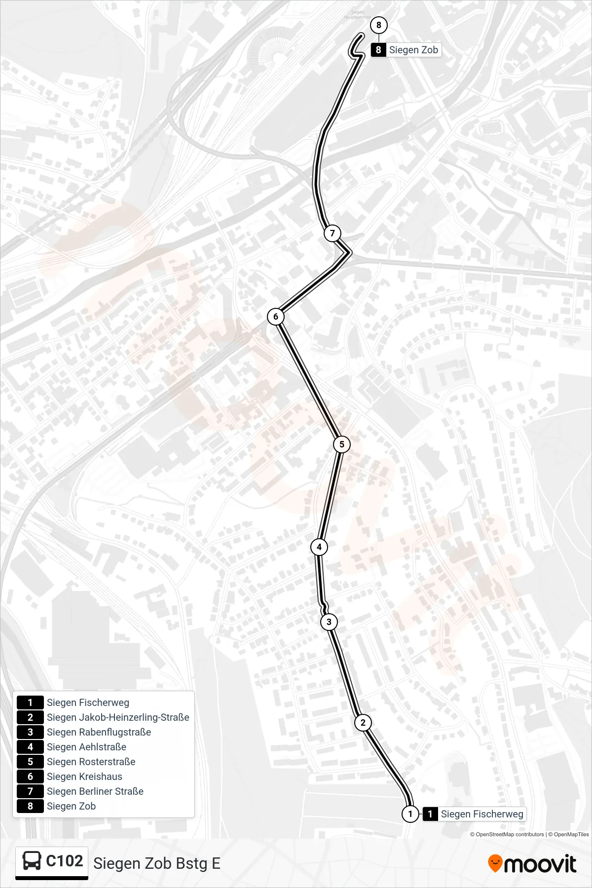 Linie C102 (Bus) Richtung Siegen Zob Bstg E: Route und Haltestellen auf der Karte