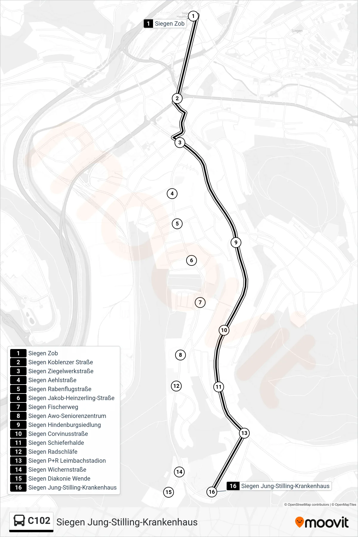 C102 bus Line (Siegen Jung-Stilling-Krankenhaus) route and stops on a map