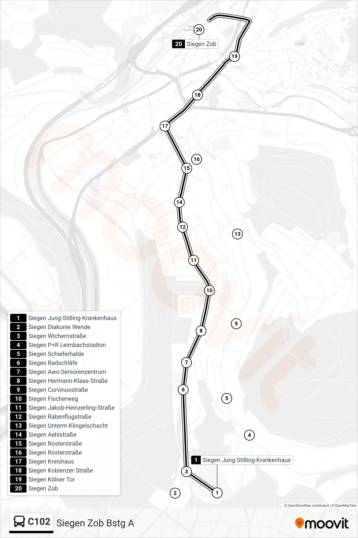 Linie C102 (Bus) Richtung Siegen Zob Bstg A: Route und Haltestellen auf der Karte