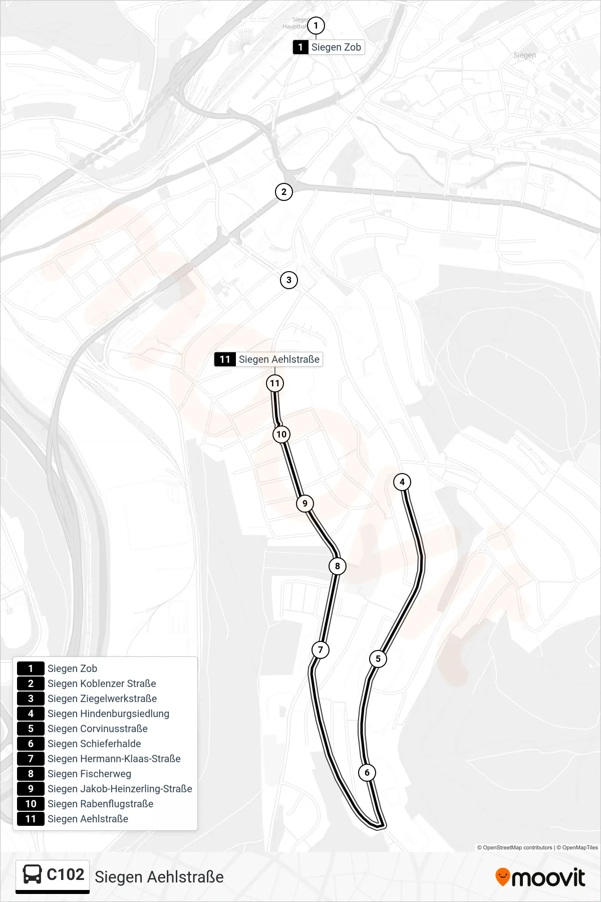 C102 bus Line (Siegen Aehlstraße) route and stops on a map