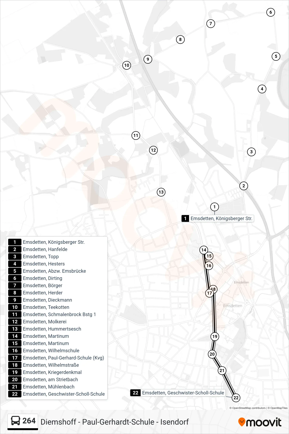 264 bus Line (Emsdetten, Geschwister-Scholl-Schule) route and stops on a map