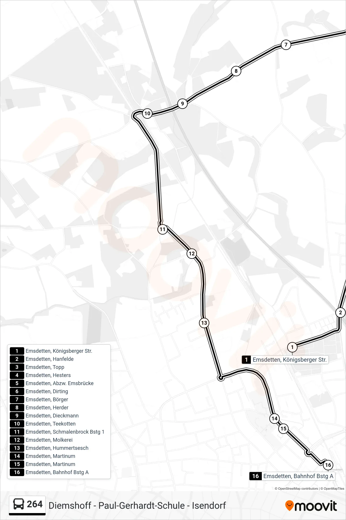 Linie 264 (Bus) Richtung Emsdetten, Bahnhof Bstg A: Route und Haltestellen auf der Karte