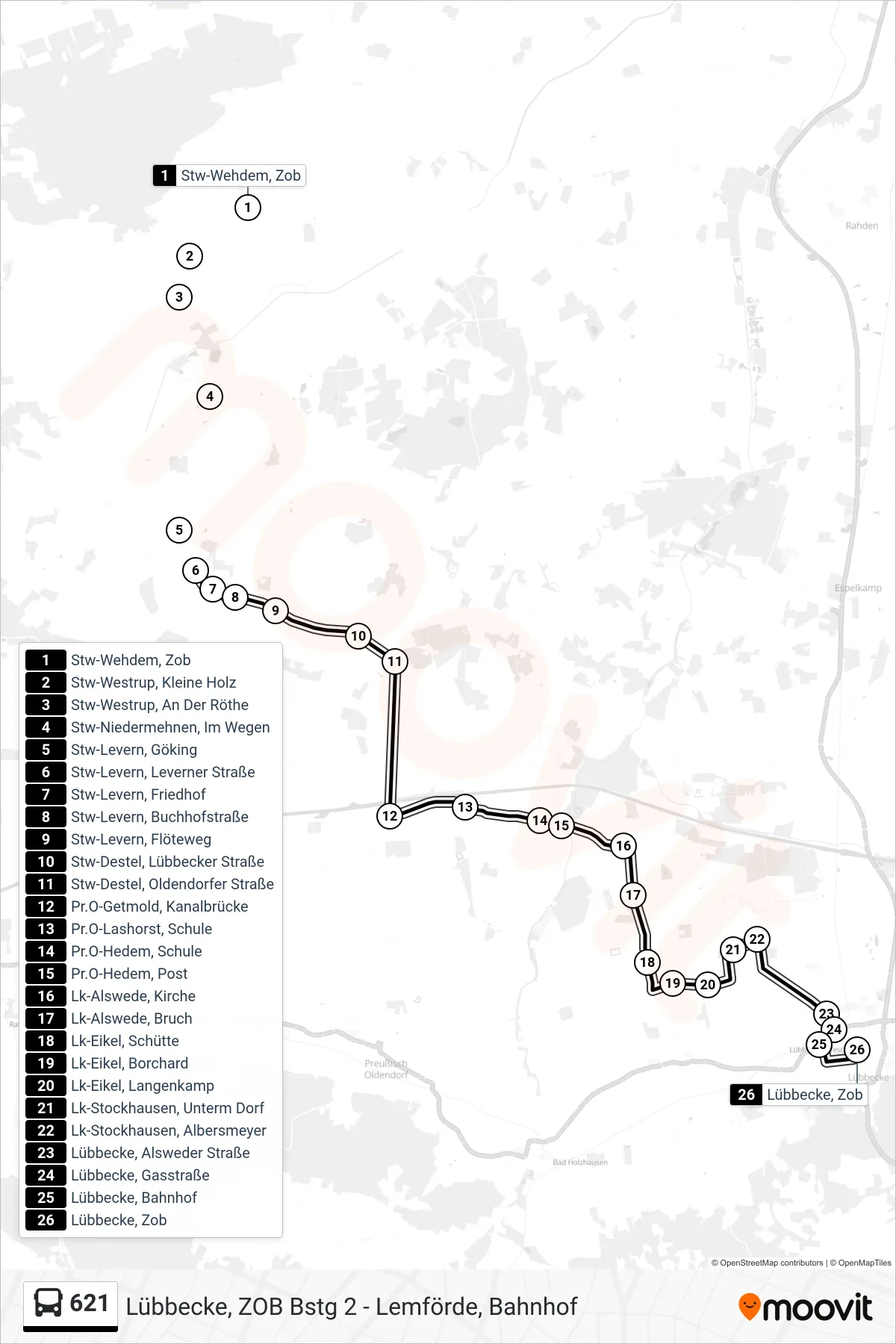 621 bus Line (Lübbecke Z O B) route and stops on a map