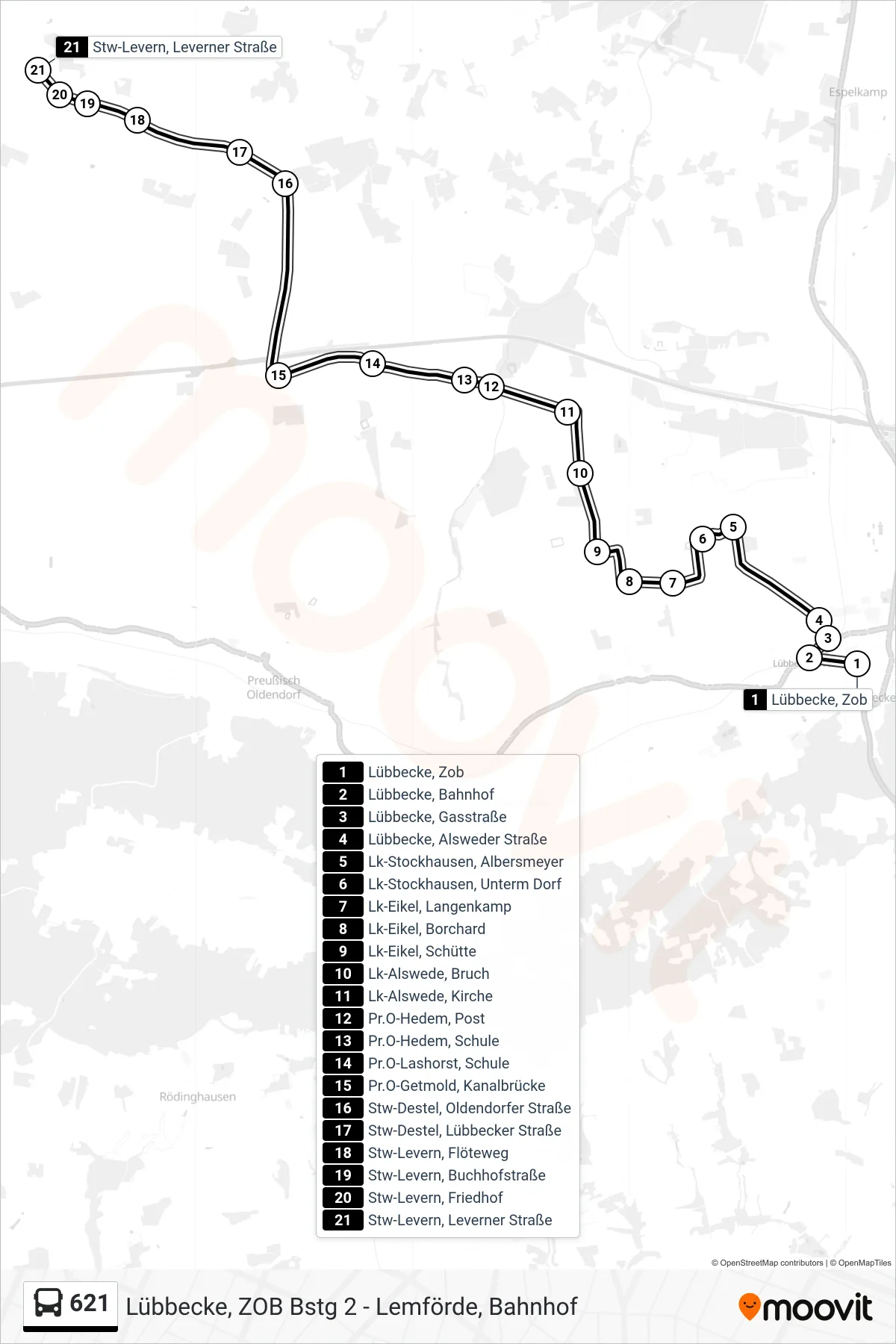 621 bus Line (Levern Leverner Str.) route and stops on a map