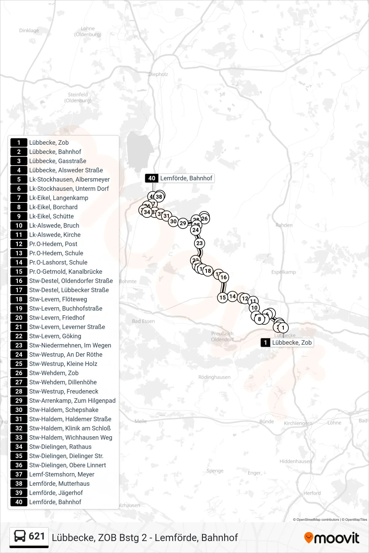 621 bus Line (Lemförde Bahnhof) route and stops on a map