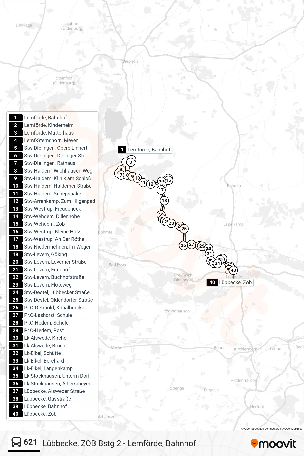 621 bus Line (Lübbecke Schulzentrum) route and stops on a map