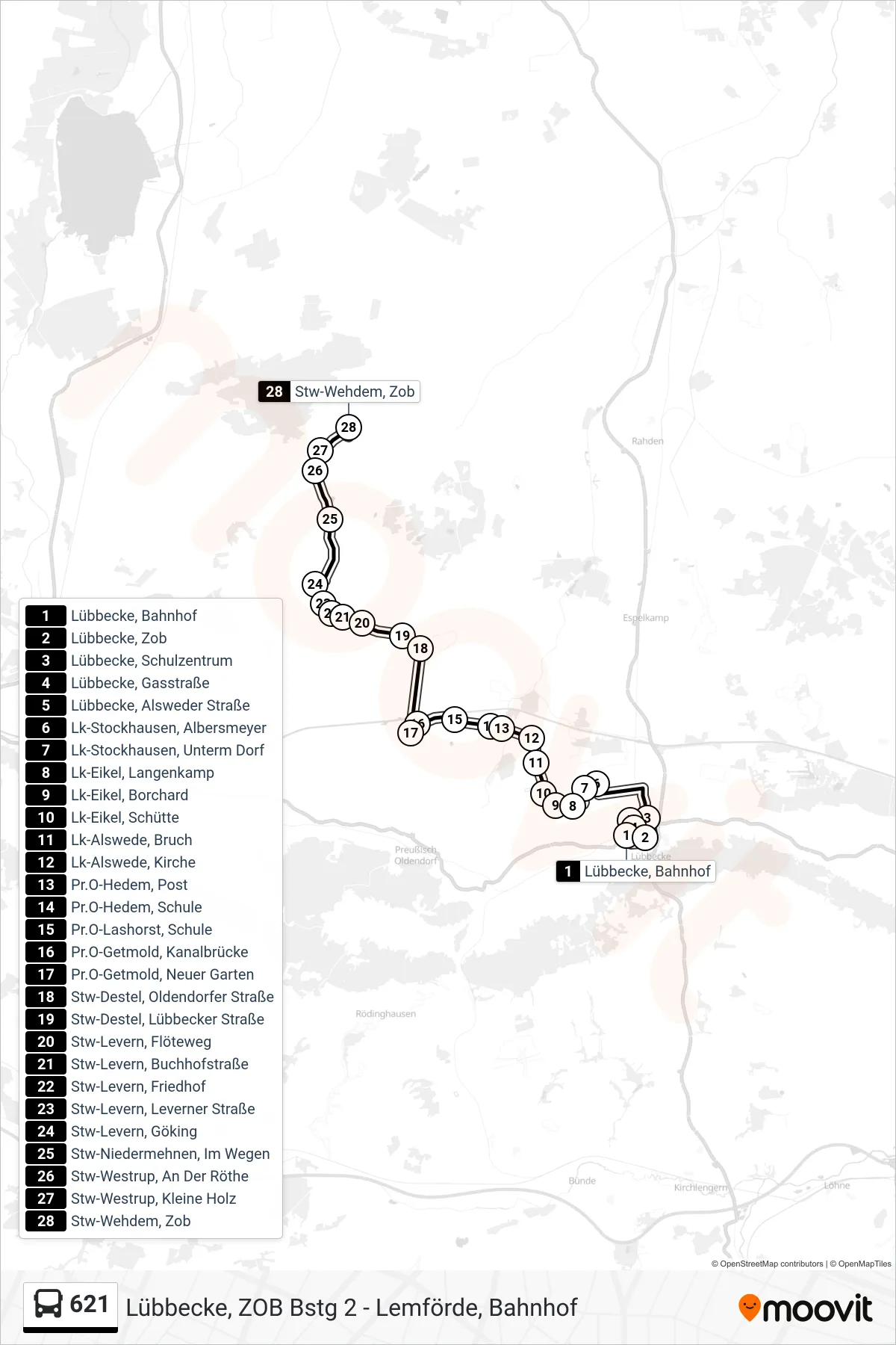 621 bus Line (Wehdem Z O B) route and stops on a map