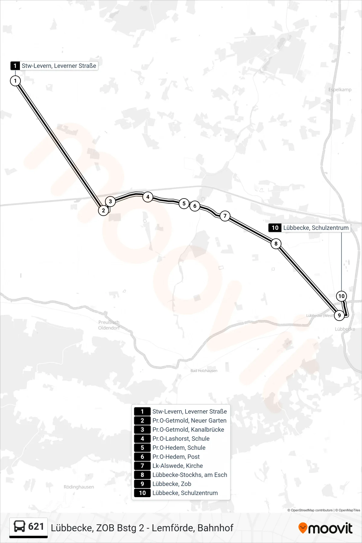 621 bus Line (Lübbecke Zob Über Schulzentrum) route and stops on a map