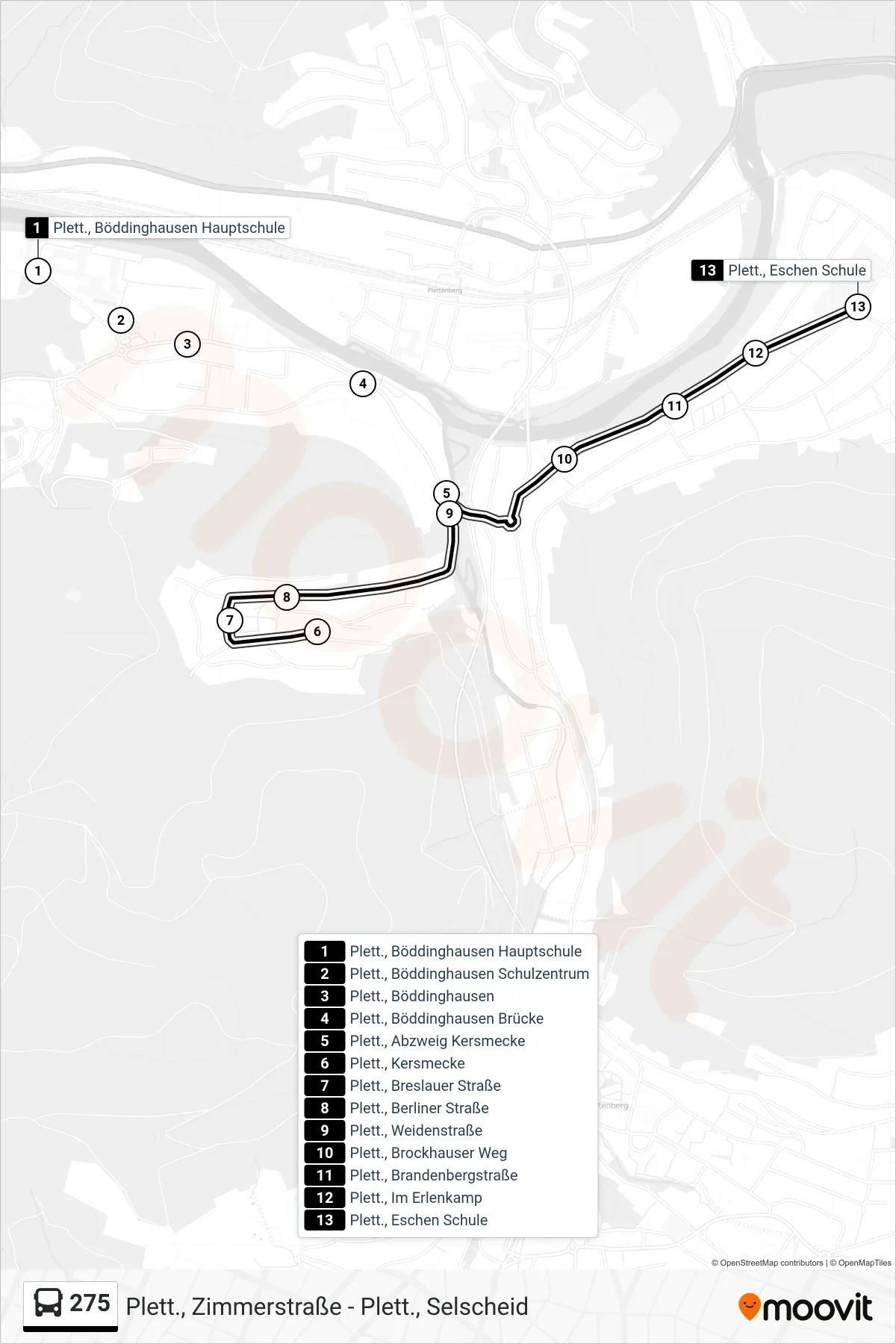 275 bus Line (Plett., Eschen Schule) route and stops on a map
