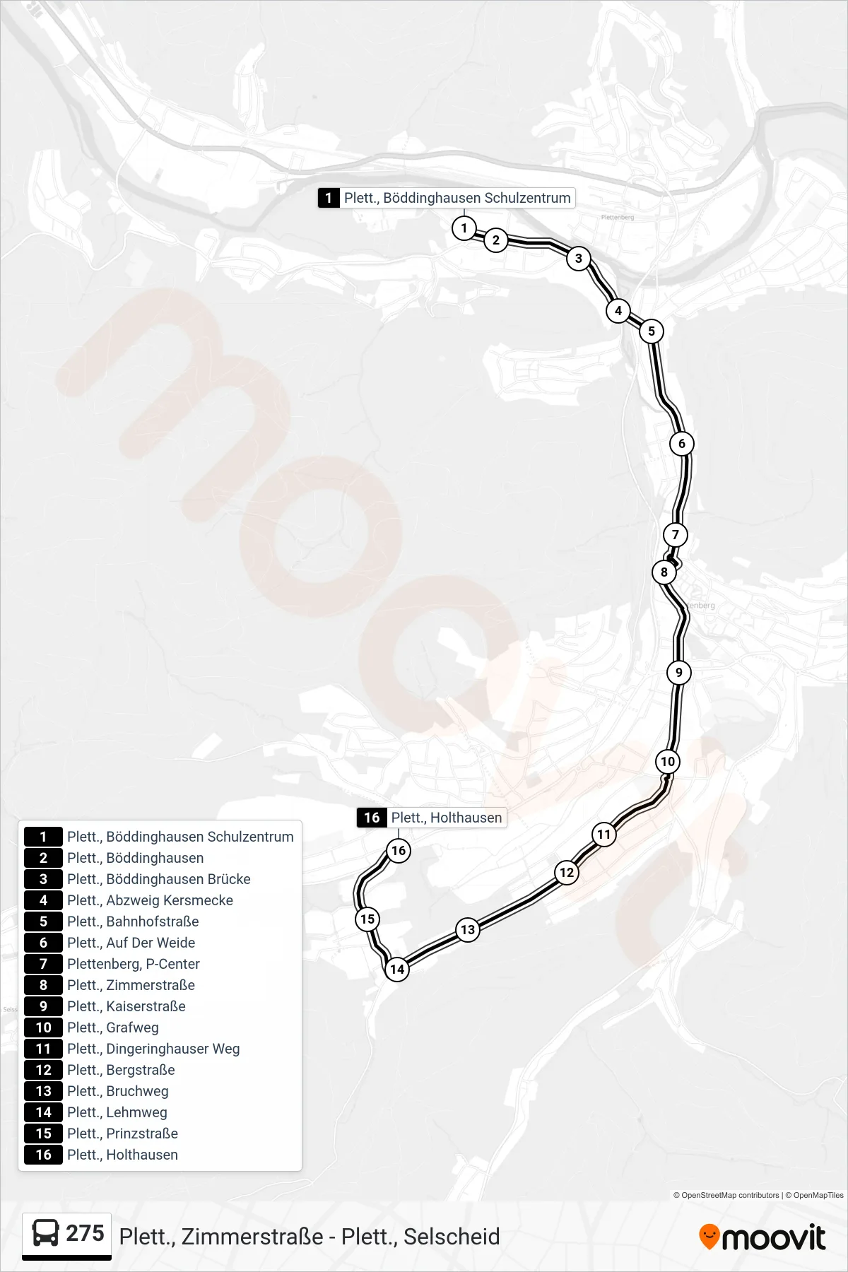 275 bus Line (Plett., Holthausen) route and stops on a map