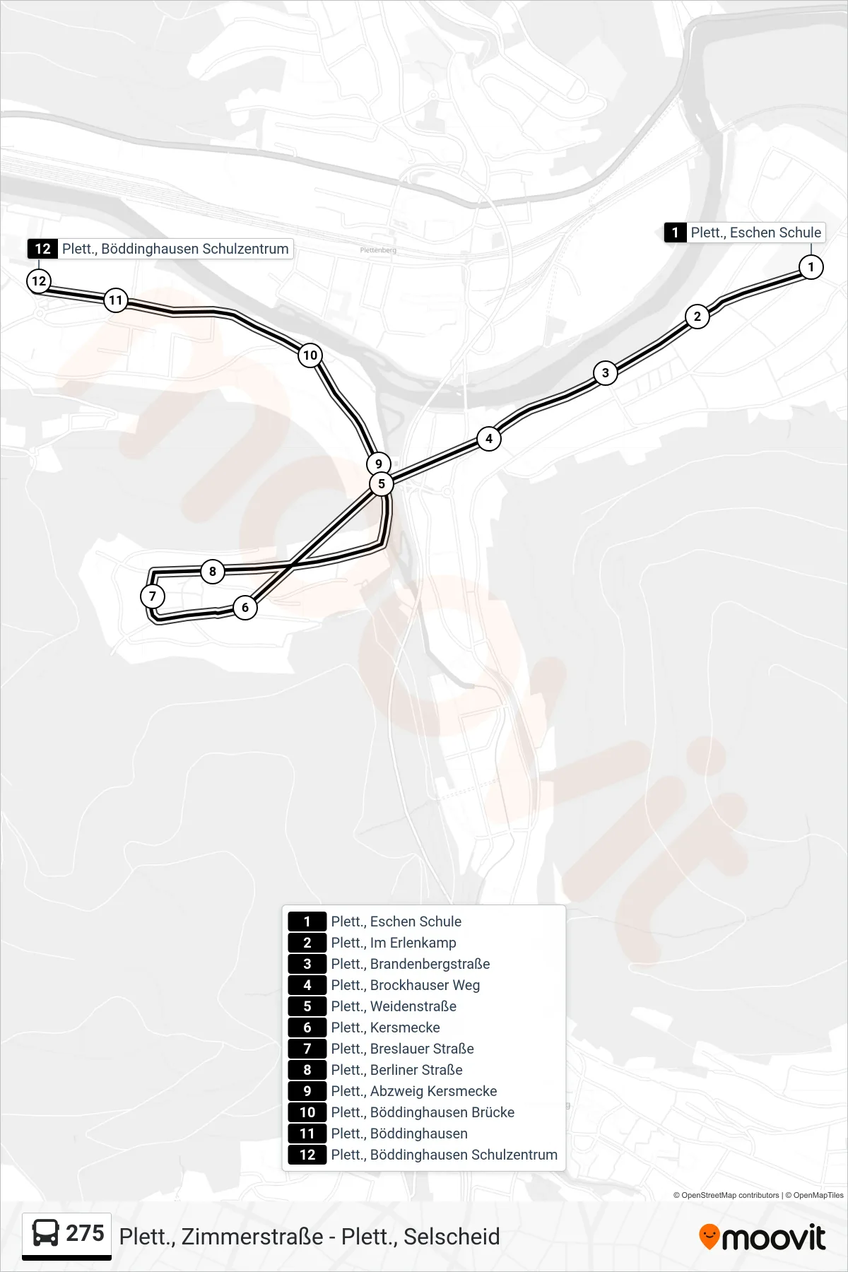 275 bus Line (Plett., Böddinghausen Schulzentrum) route and stops on a map