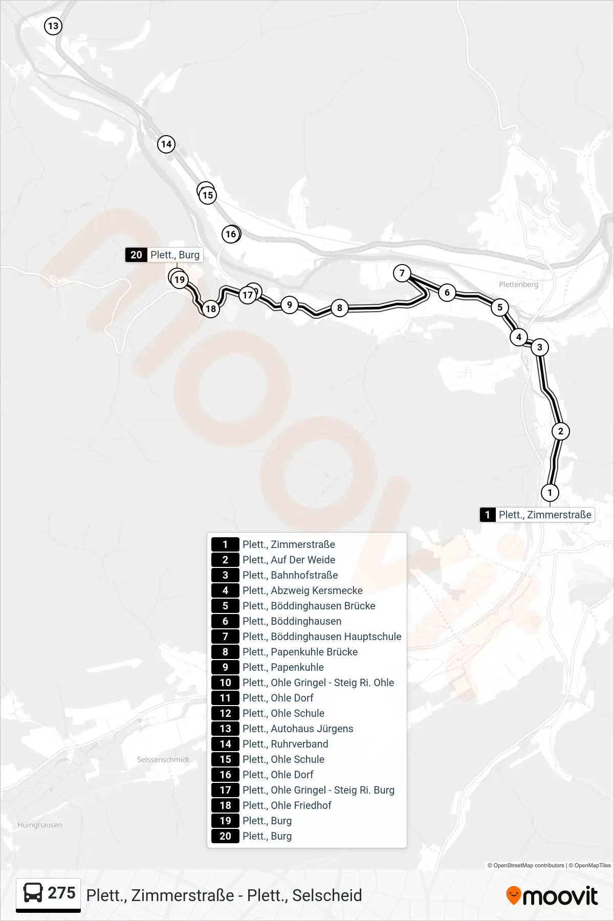 275 bus Line (Plett., Burg) route and stops on a map