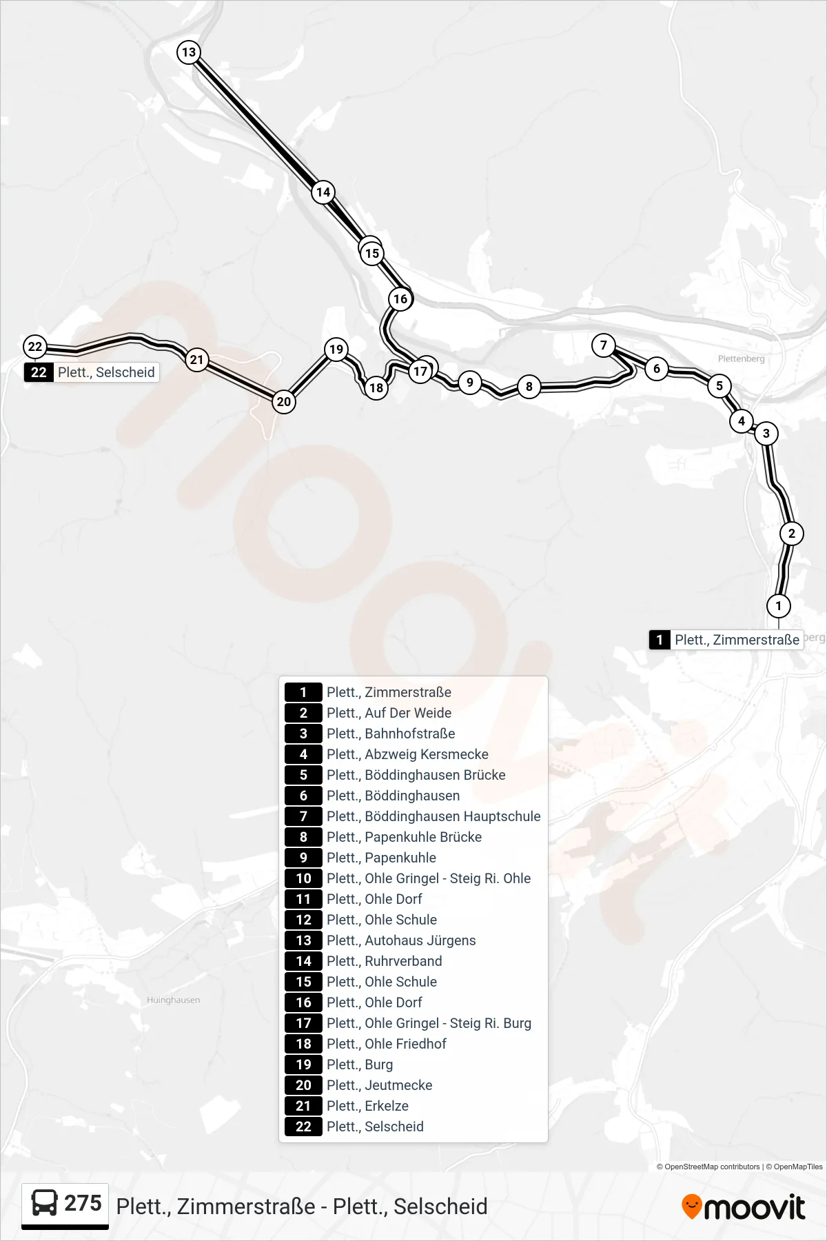 275 bus Line (Plett., Selscheid) route and stops on a map