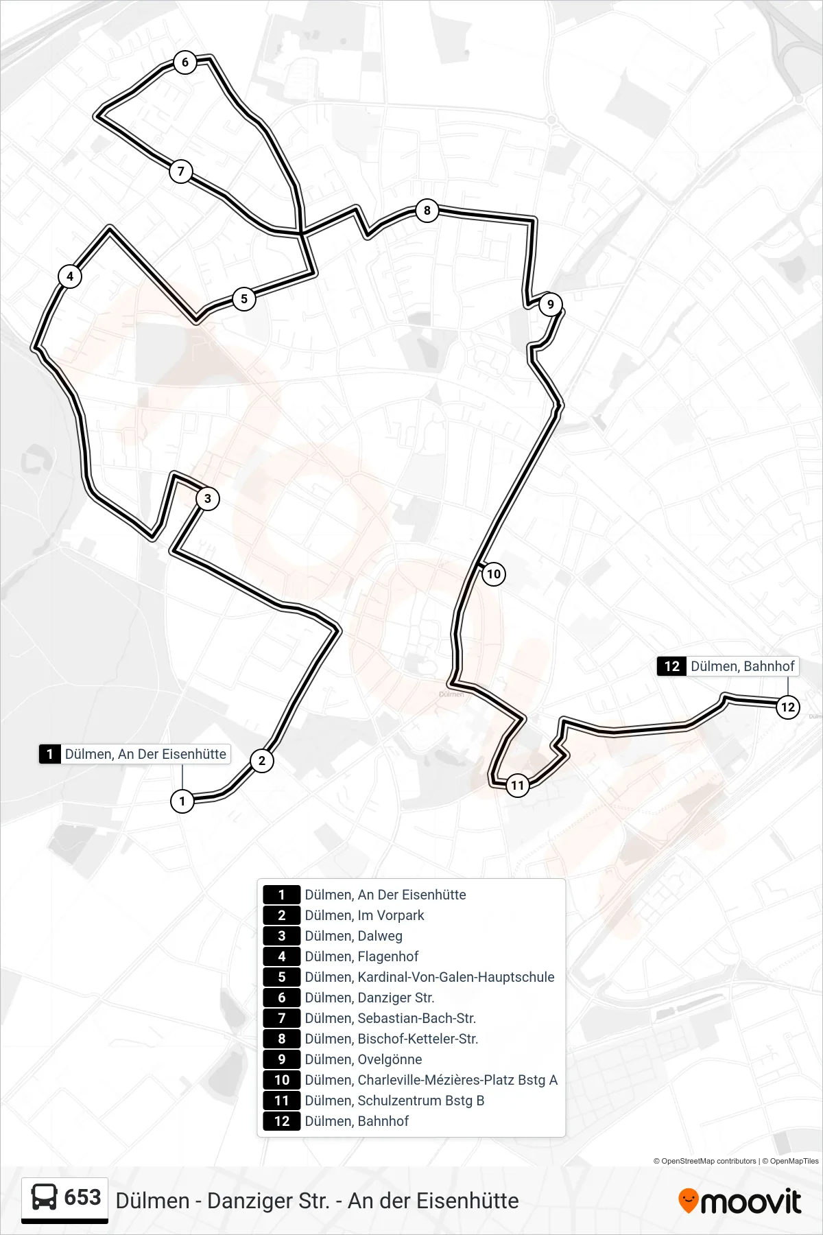 653 bus Line (Dülmen, Bahnhof) route and stops on a map
