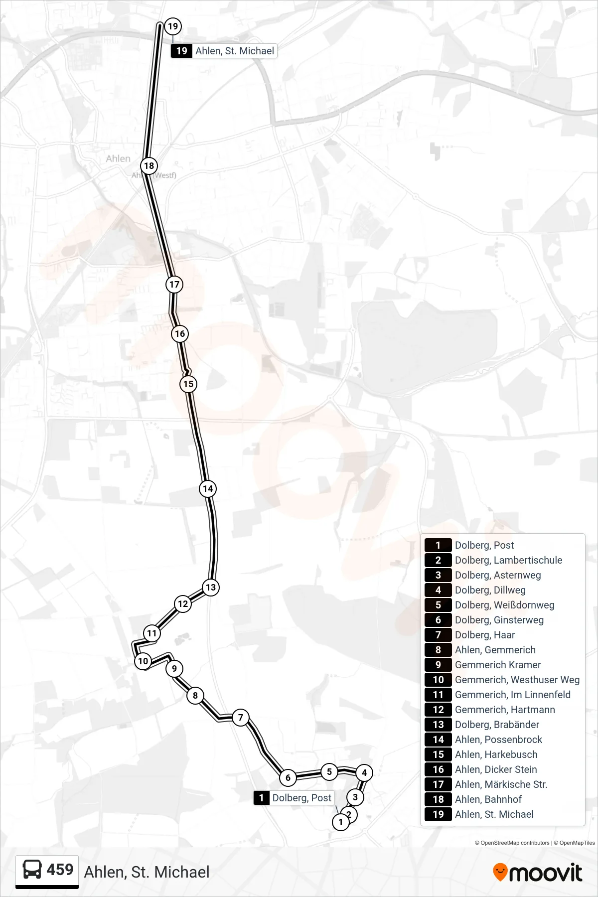 459 tram Line (Ahlen, St. Michael) route and stops on a map