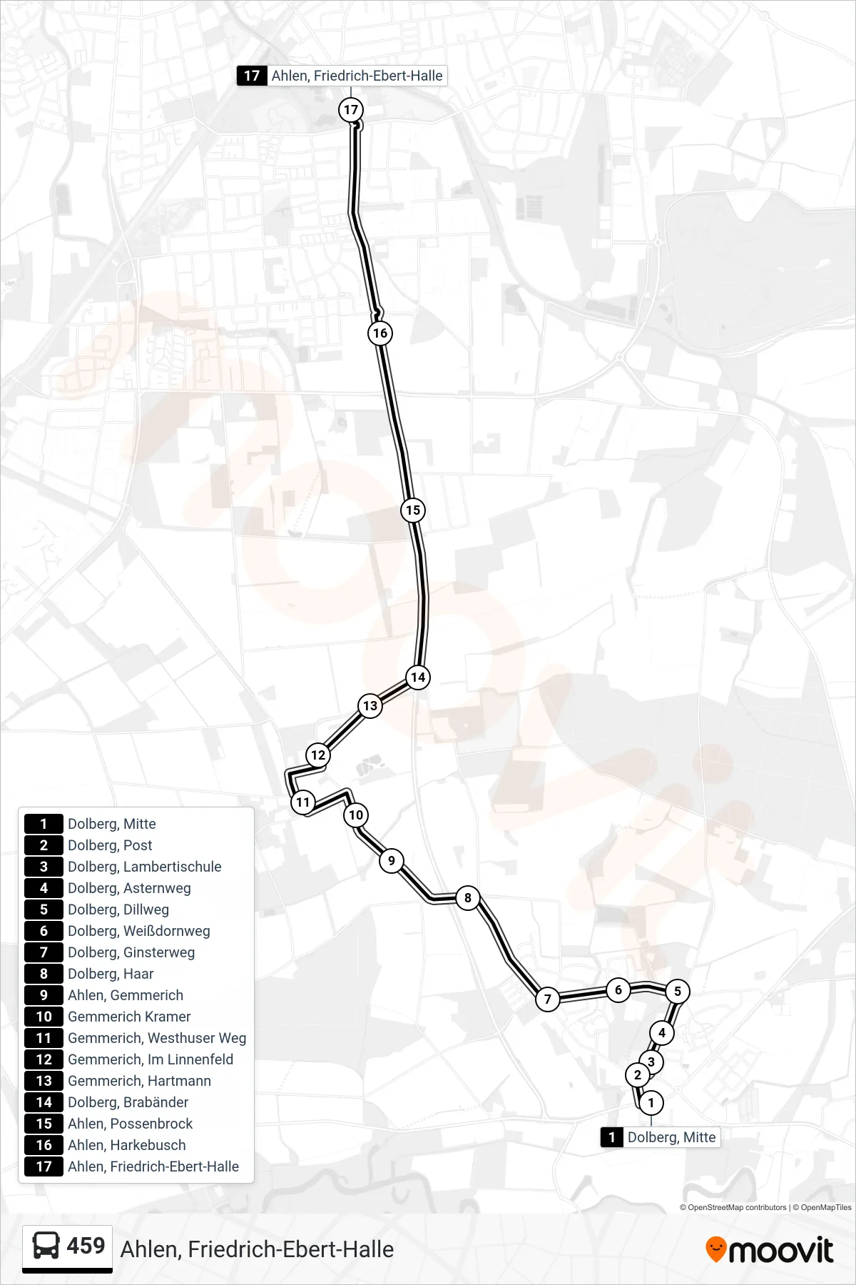 459 tram Line (Ahlen, Friedrich-Ebert-Halle) route and stops on a map