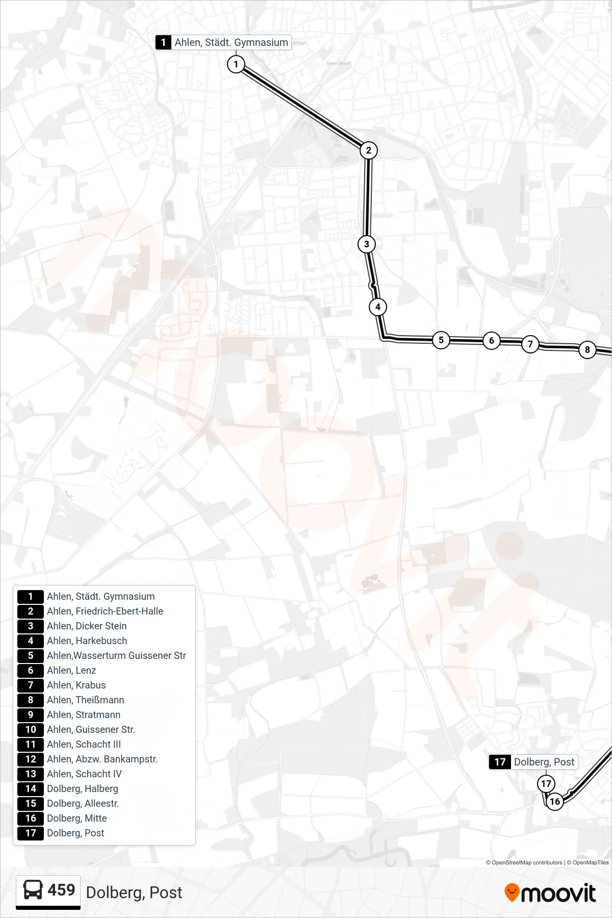 459 tram Line (Dolberg, Post) route and stops on a map