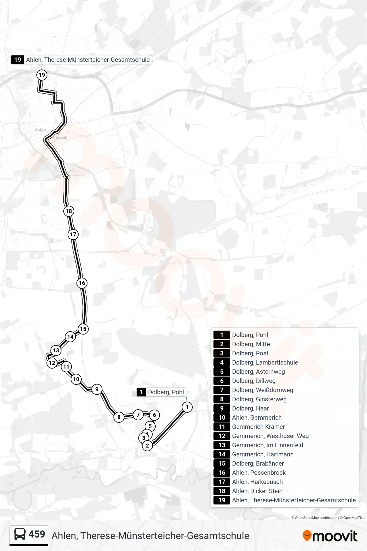 Linie 459 (Tram) Richtung Ahlen, Therese-Münsterteicher-Gesamtschule: Route und Haltestellen auf der Karte
