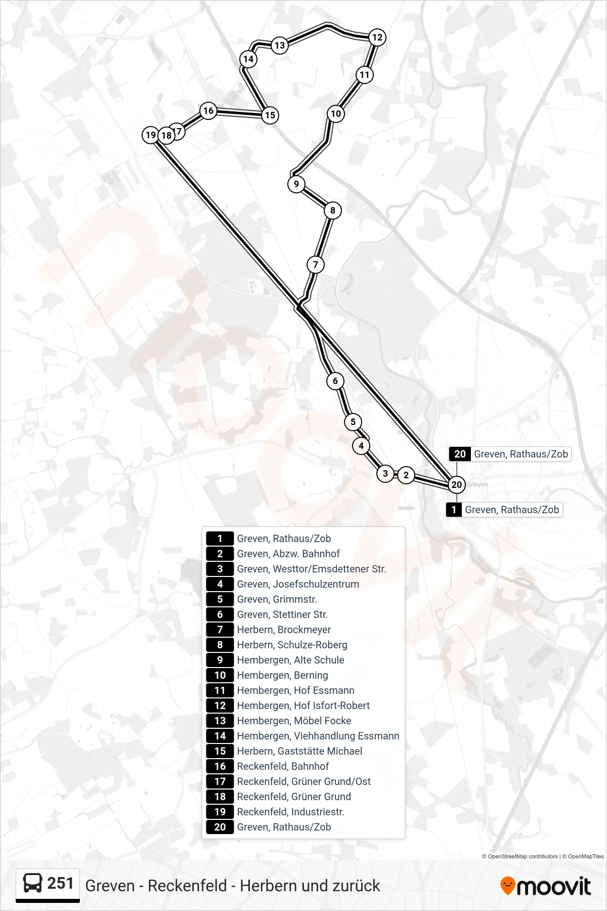 251 bus Line (Greven, Rathaus/Zob Bstg C) route and stops on a map