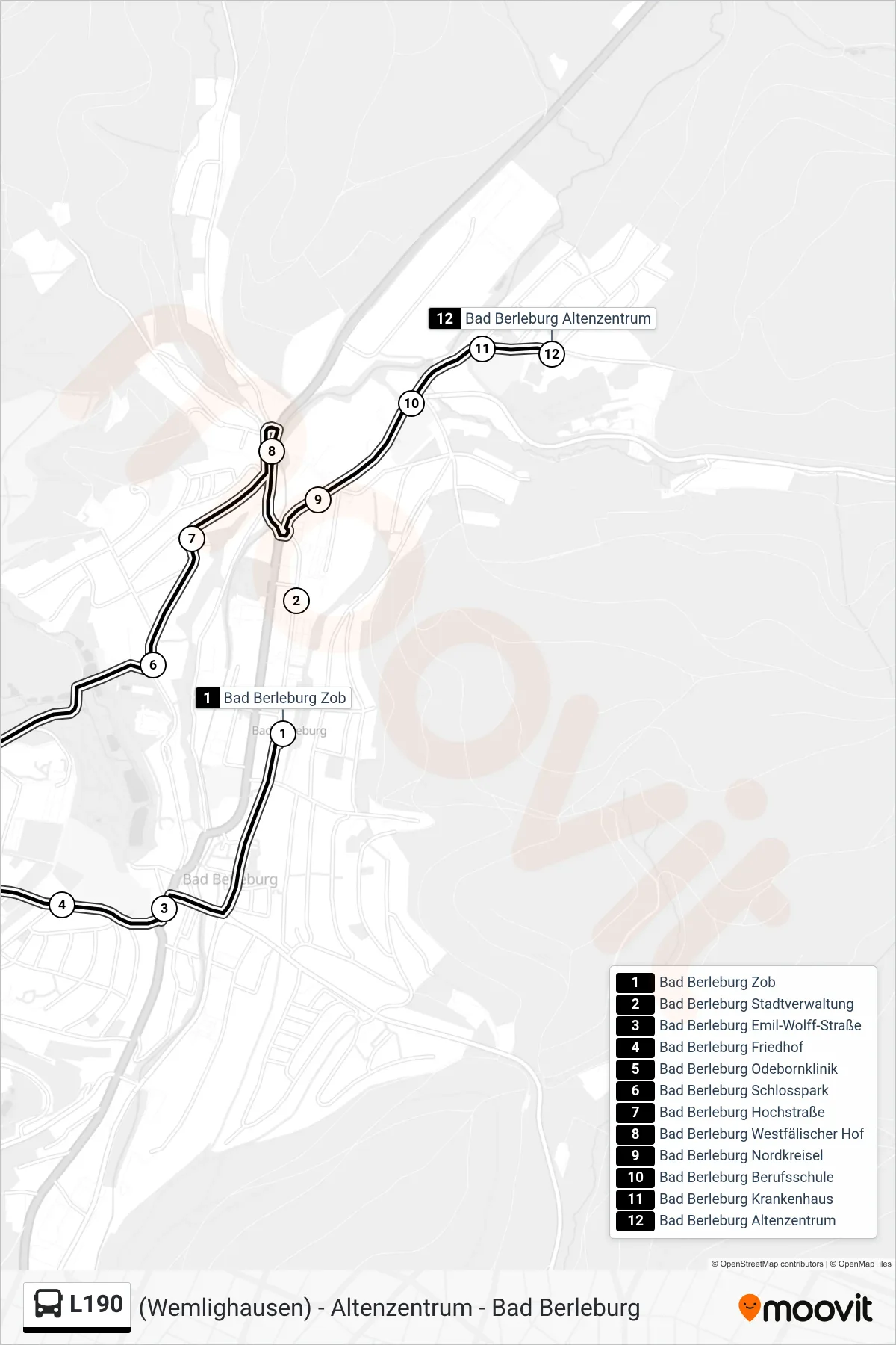 L190 bus Line (Bad Berleburg Altenzentrum) route and stops on a map