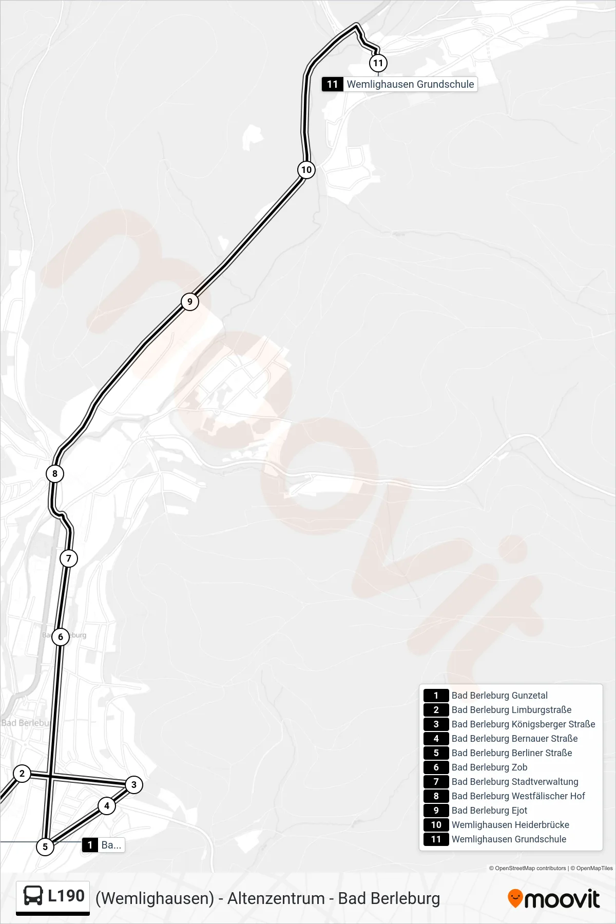 L190 bus Line (Wemlighausen Grundschule) route and stops on a map