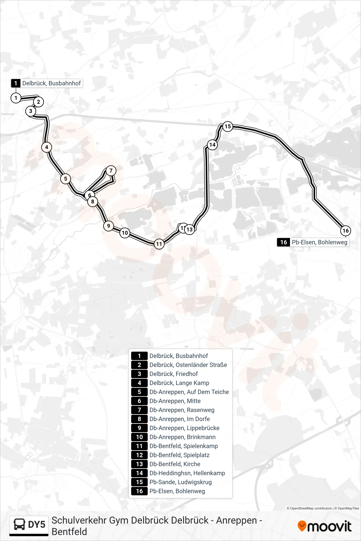 DY5 bus Line (Pb-Elsen, Bohlenweg) route and stops on a map