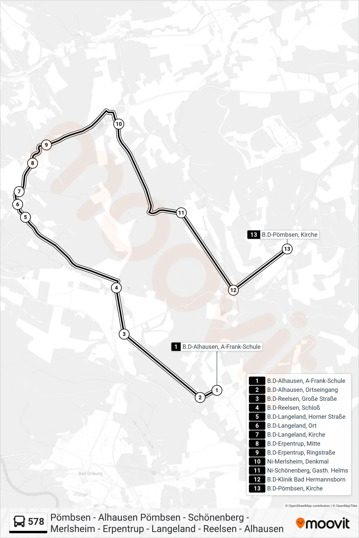 578 bus Line (B.D-Pömbsen, Kirche) route and stops on a map