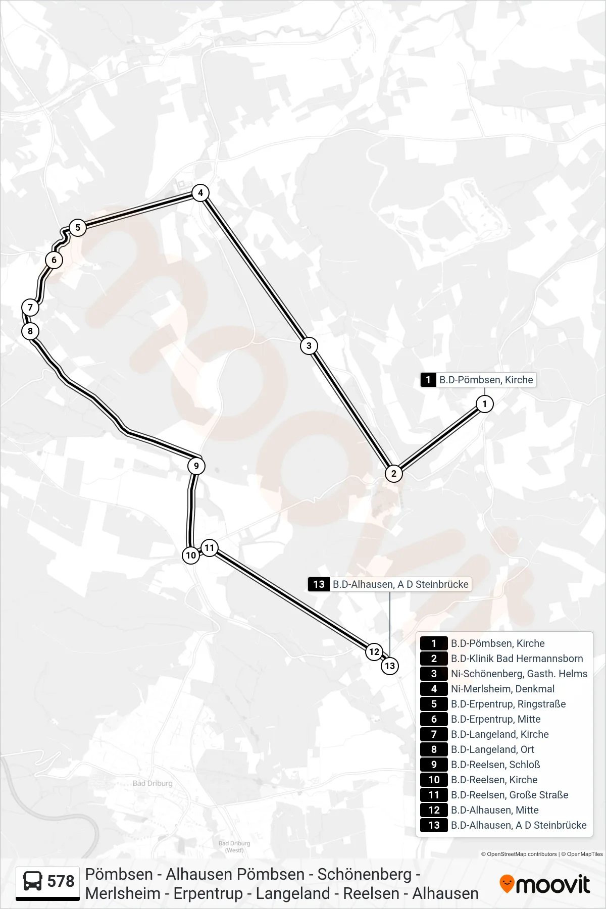 578 bus Line (B.D-Alhausen, A D Steinbrücke) route and stops on a map