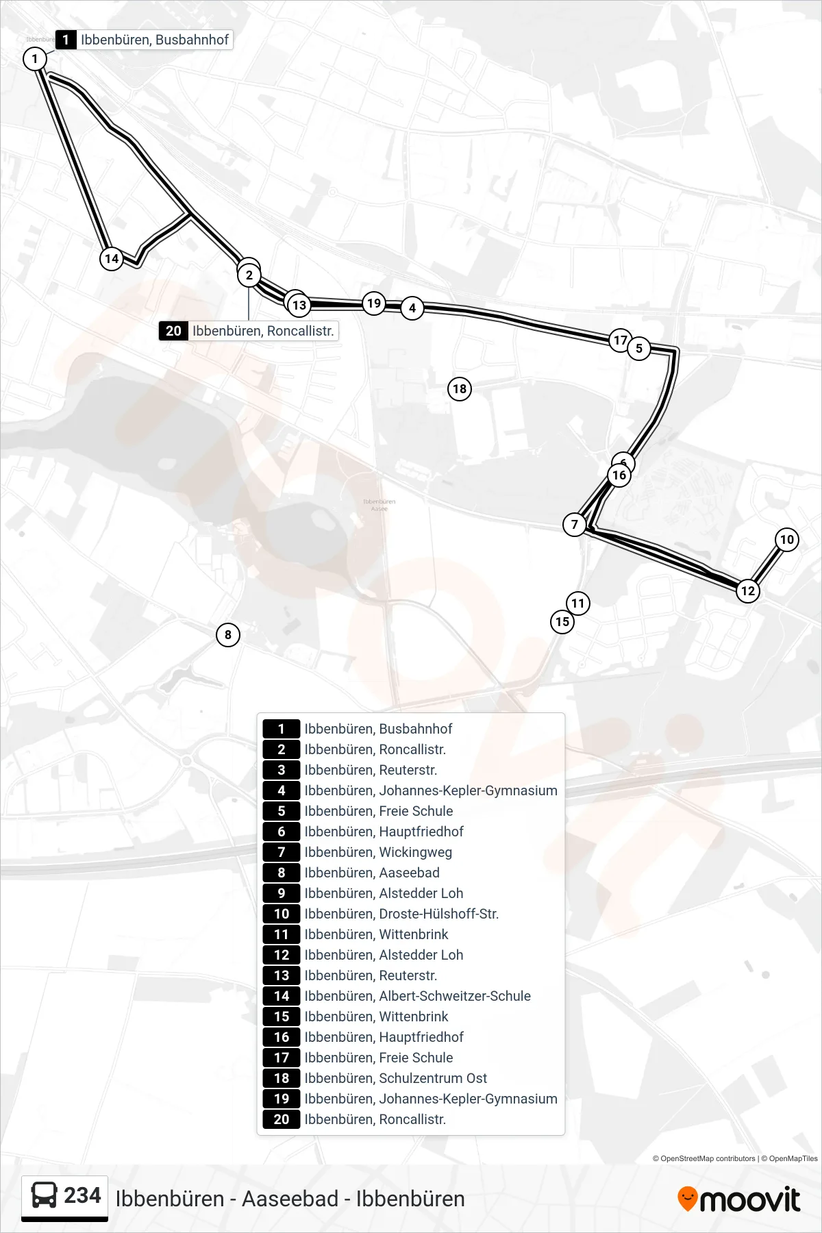 234 bus Line (Ibbenbüren, Busbahnhof) route and stops on a map