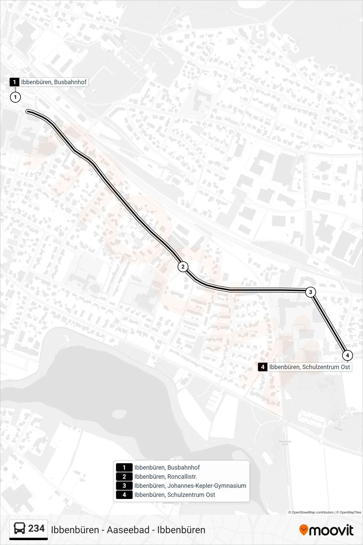 234 bus Line (Ibbenbüren, Schulzentrum Ost) route and stops on a map