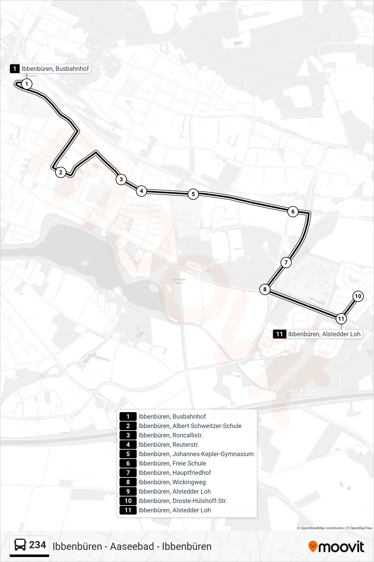 234 bus Line (Ibbenbüren, Alstedder Loh) route and stops on a map