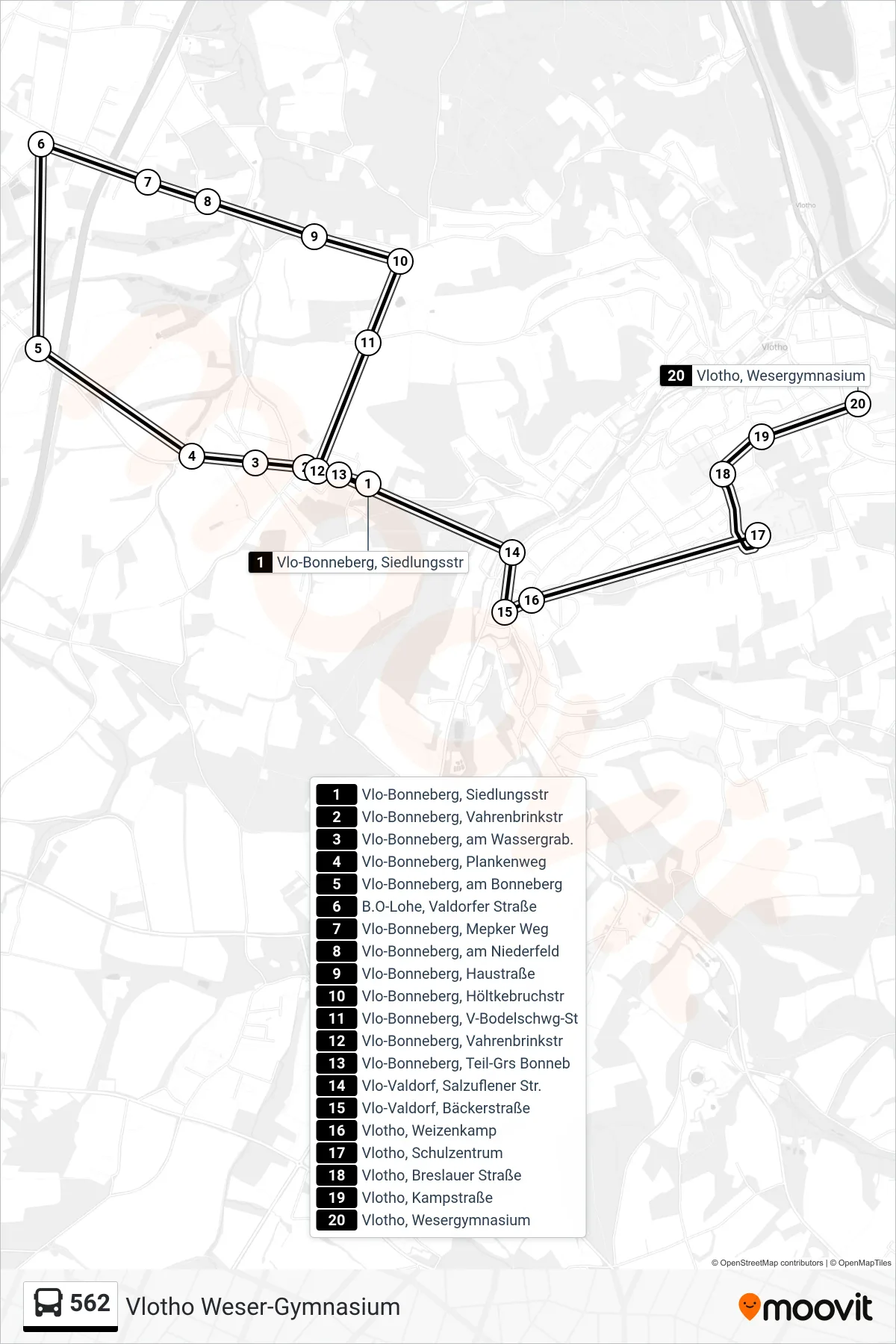 Linie 562 (Bus) Richtung Vlotho Weser-Gymnasium: Route und Haltestellen auf der Karte