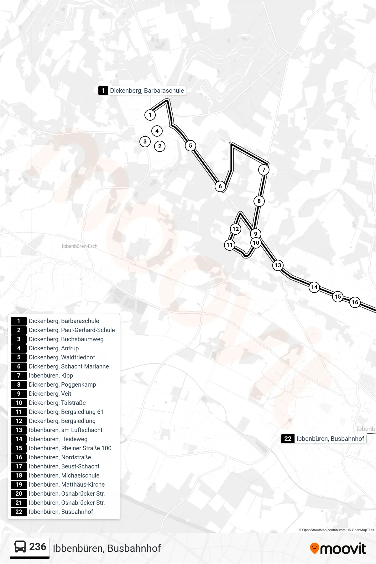 236 bus Line (Ibbenbüren, Busbahnhof) route and stops on a map