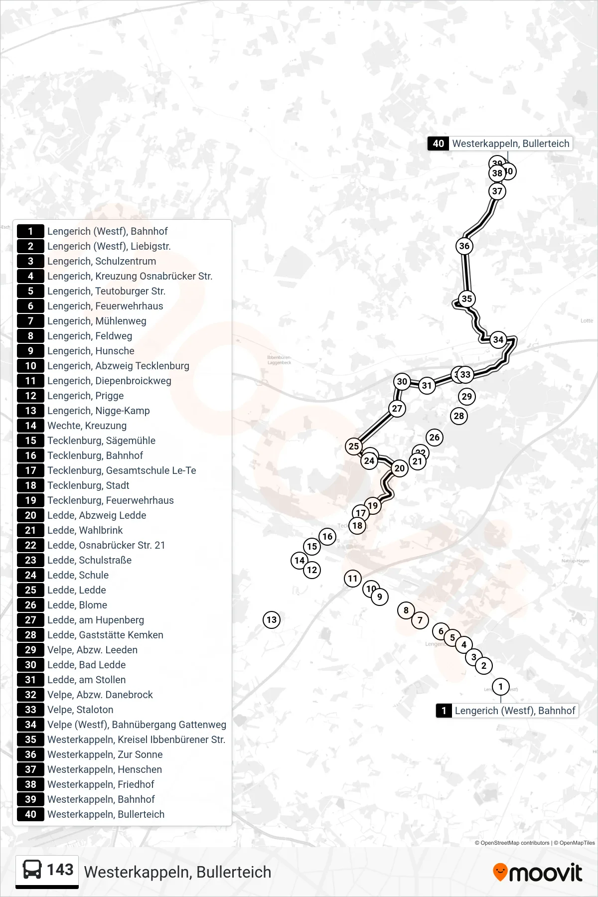143 bus Line (Westerkappeln, Bullerteich) route and stops on a map