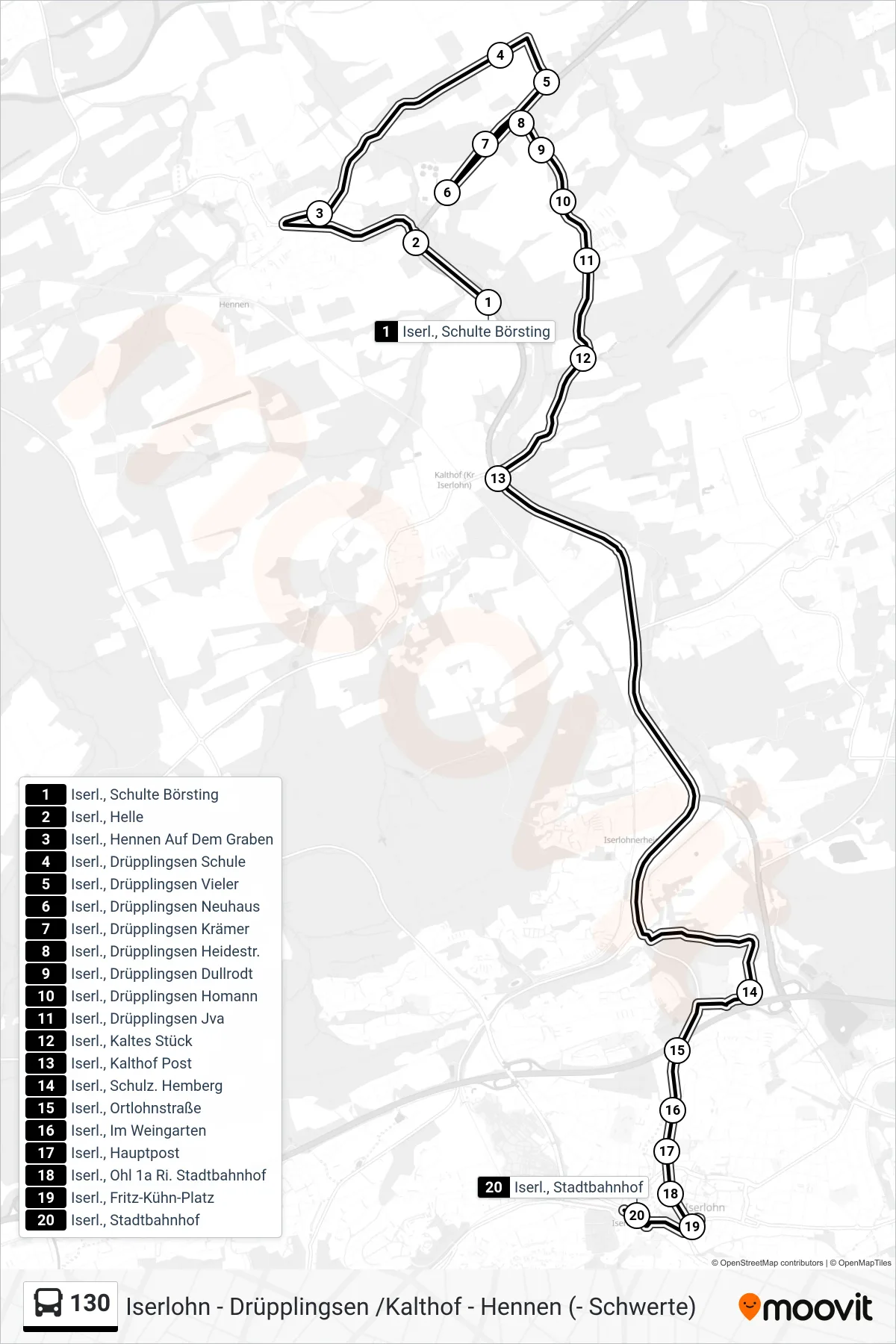 130 bus Line (Iserlohn Bf) route and stops on a map