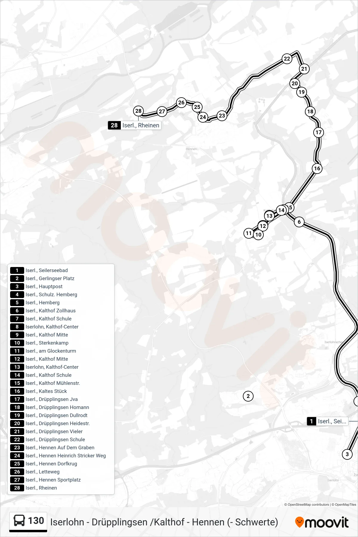 130 bus Line (Rheinen) route and stops on a map