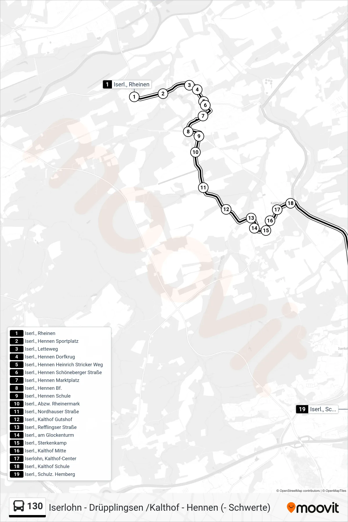 130 bus Line (Sz Hemberg) route and stops on a map
